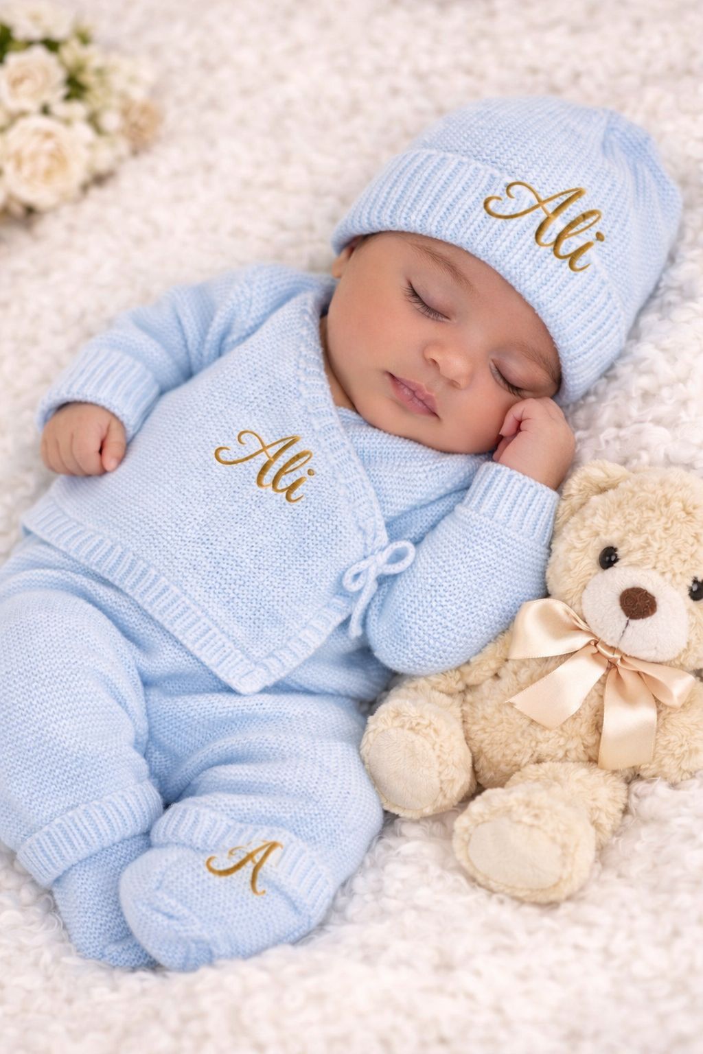 Ensemble naissance en laine personalisé