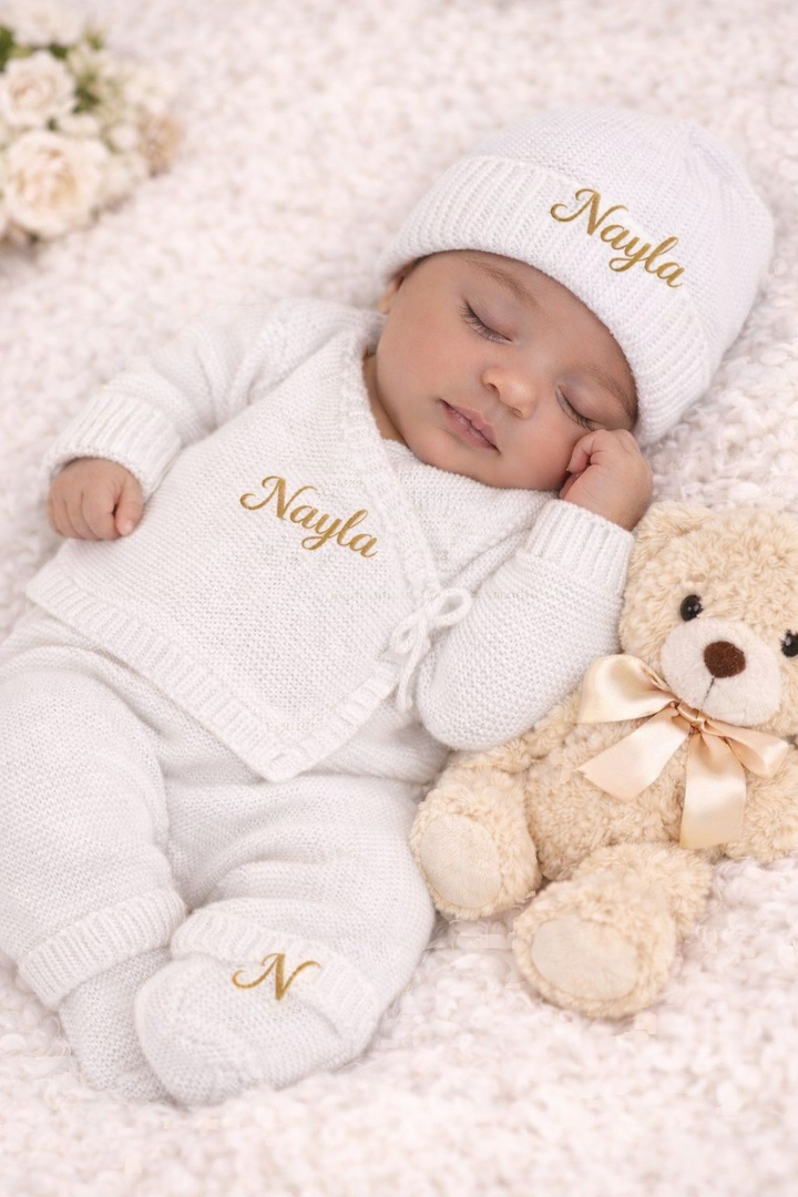 Ensemble naissance en laine personalisé